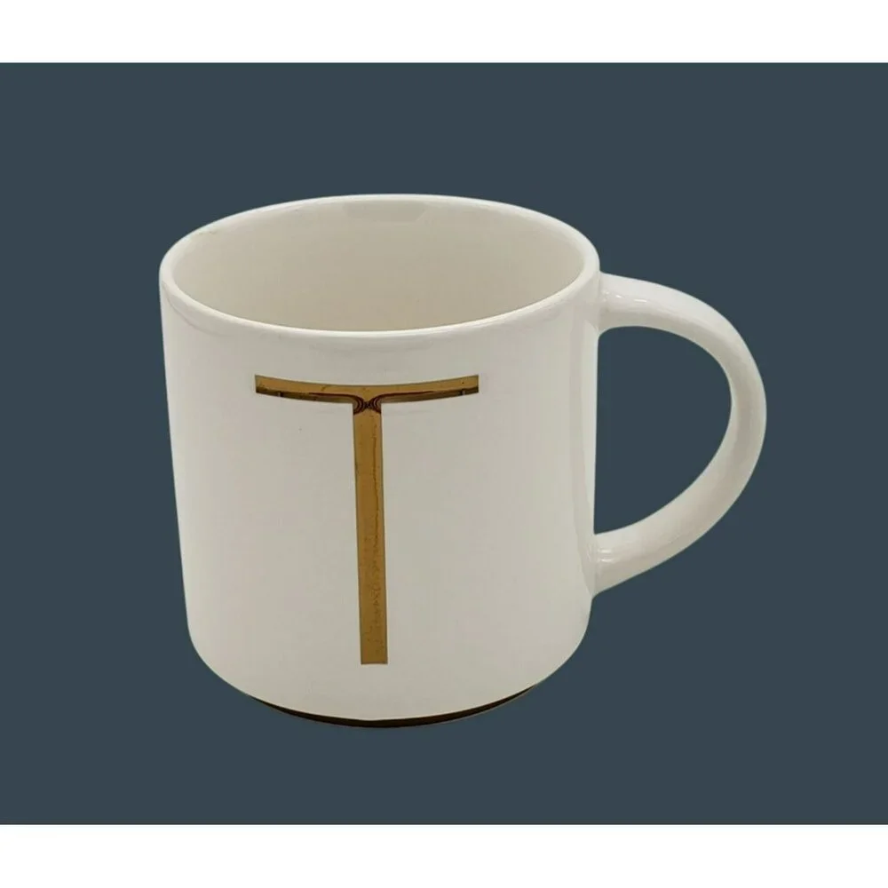 Williams Sonoma Coffee Mug, Monogram Initial T, White w/ Gold Accent, 14 Oz